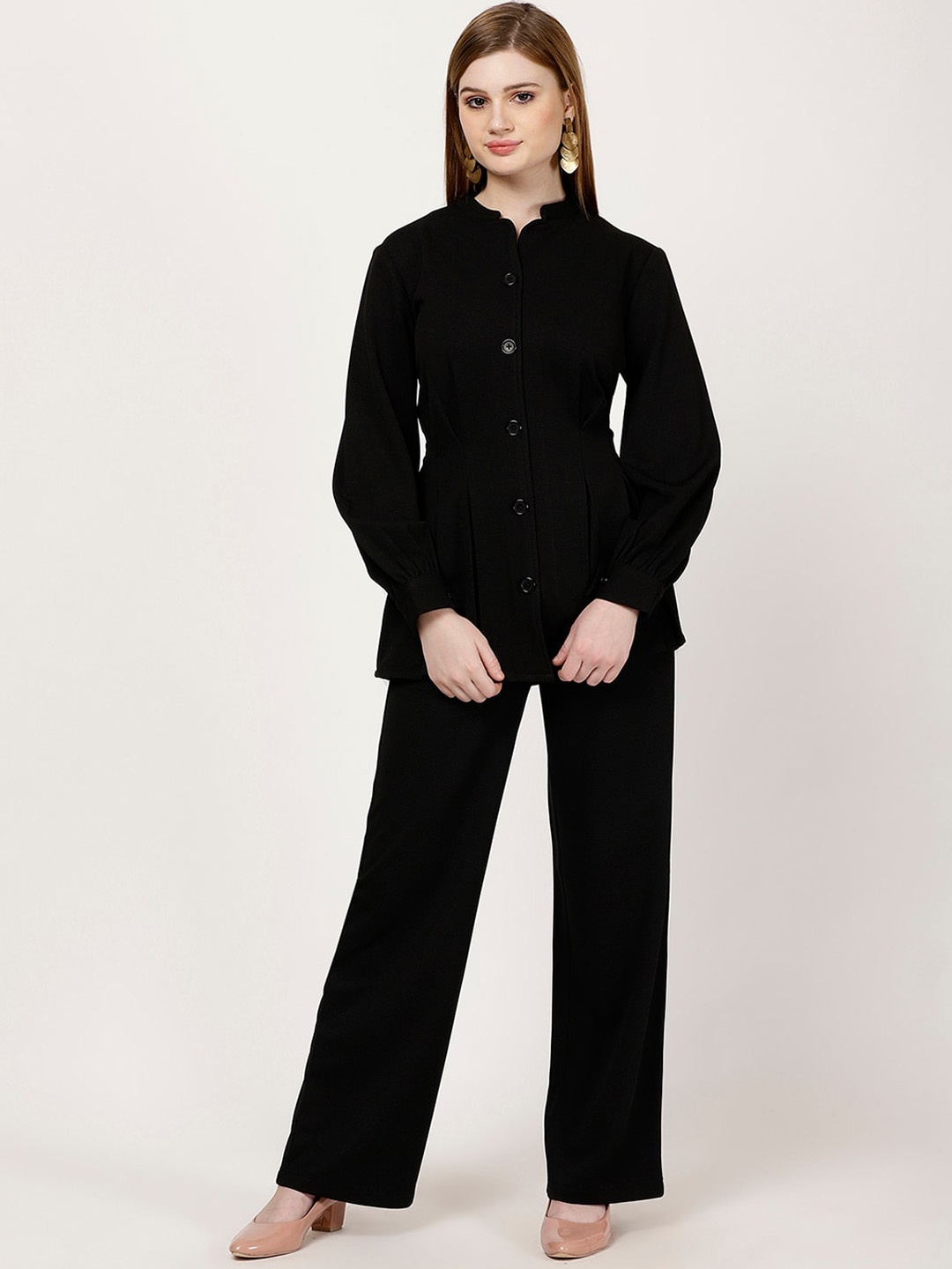 

FUTURO Mandarin Collar Gathered Shirt With Trousers, Black