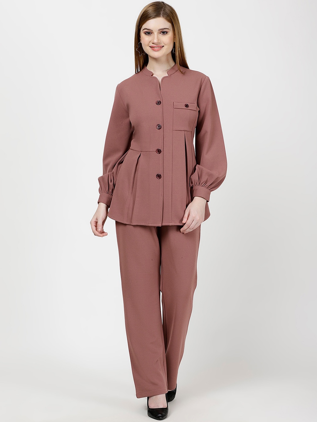 

FUTURO Mandarin Collar Gathered Shirt With Trousers, Peach