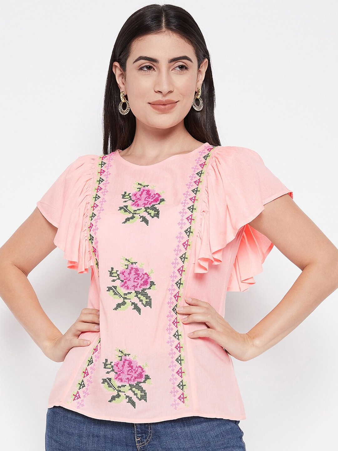 

Ruhaans Floral Embroidered Flutter Sleeves Top, Peach