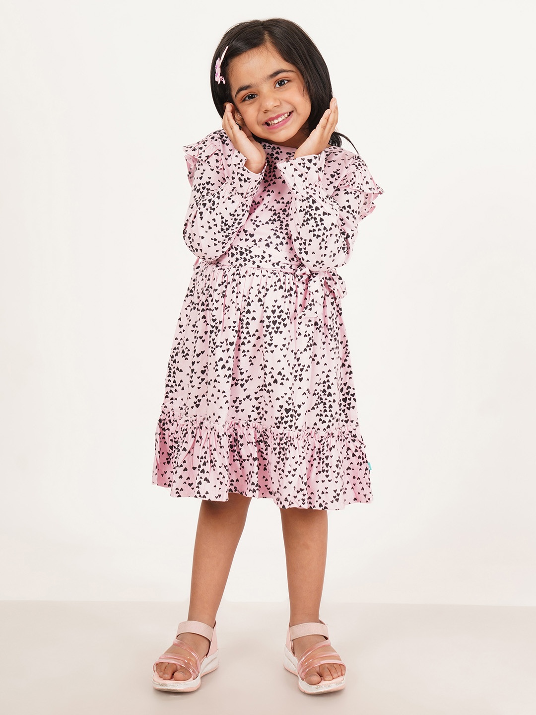 

JusCubs Girls Conversational Printed Bell Sleeves Ruffles Cotton A-Line Dress, Pink