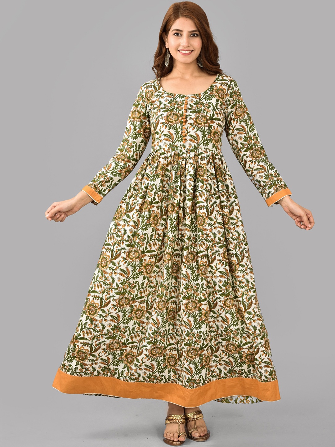 

AAYUMI Floral Printed Gathered Cotton Maxi Ethnic Dress, Green