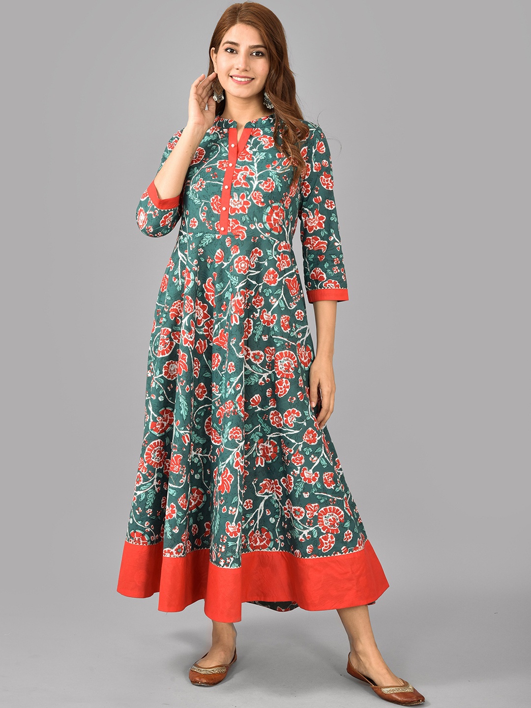 

AAYUMI Floral Printed Mandarin Collar Cotton Maxi Ethnic Dress, Green