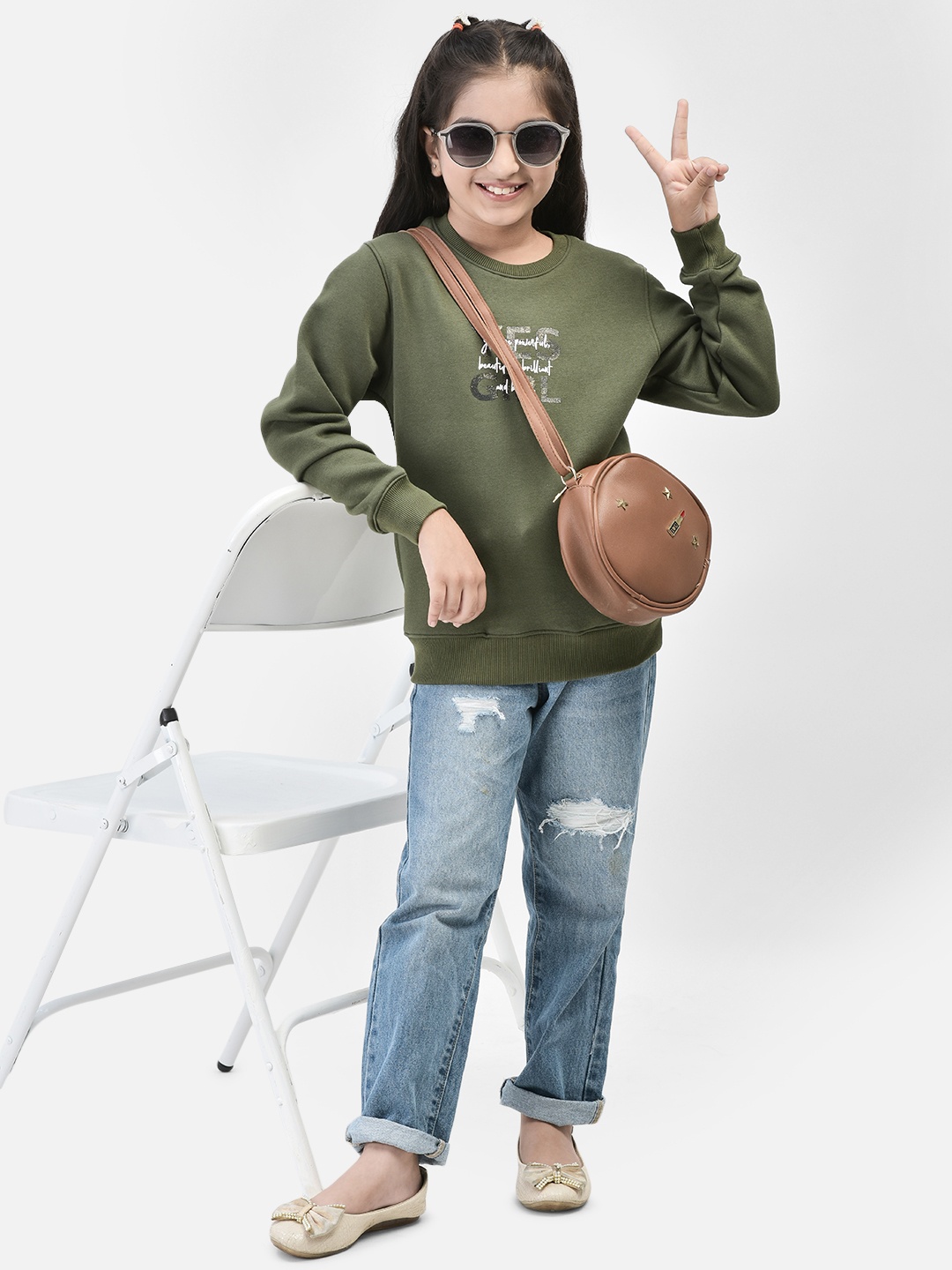 

Crimsoune Club Girls Typography Printed Pullover, Olive