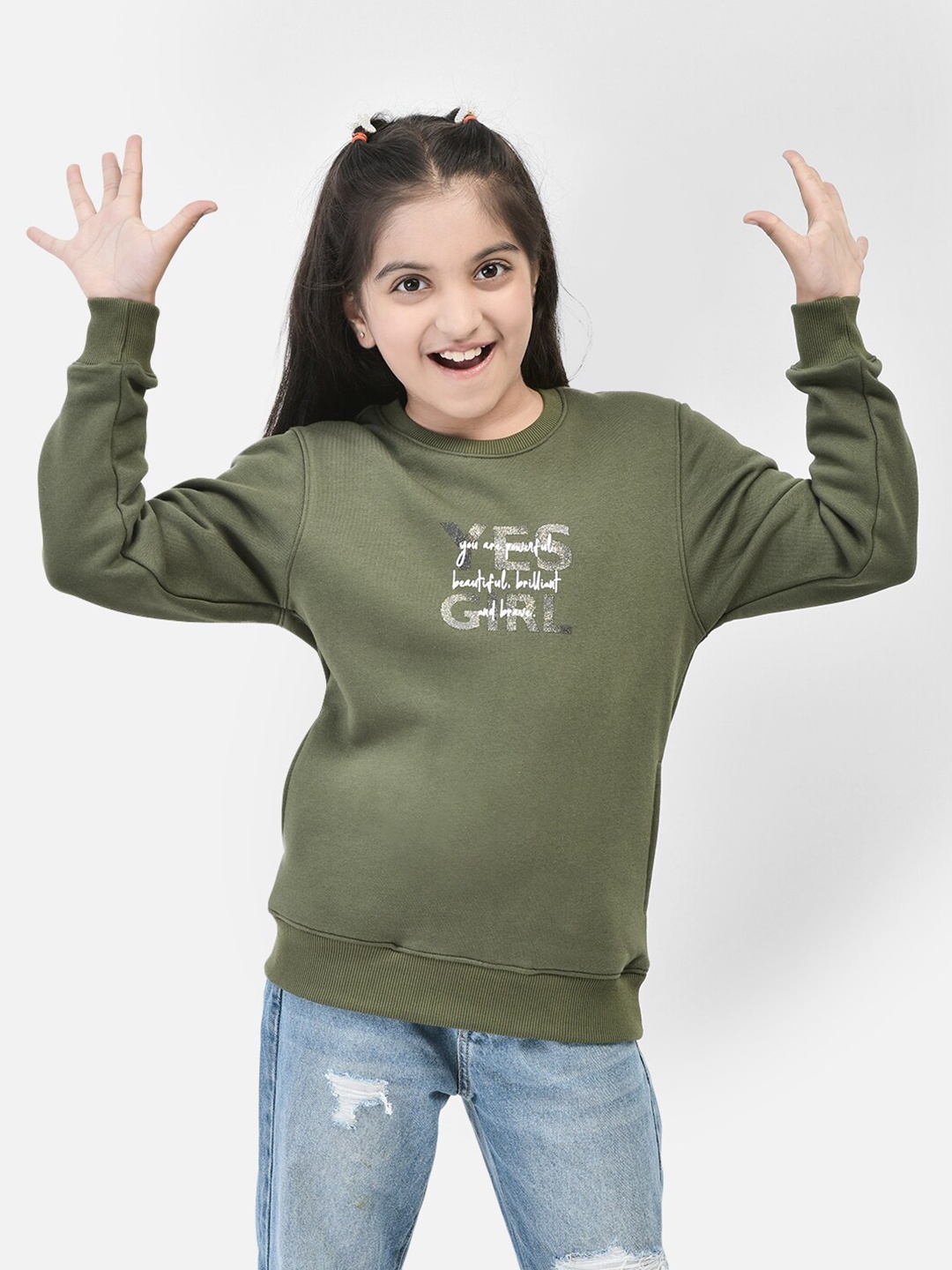 

Crimsoune Club Girls Typography Printed Pullover, Olive