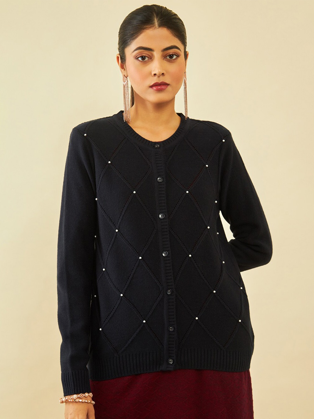 

Soch Self Design Embellished Acrylic Cardigan Sweater, Navy blue