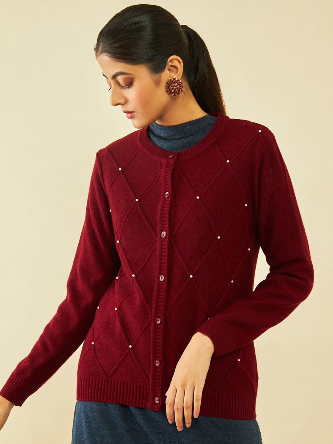 

Soch Self Design Embellished Acrylic Cardigan Sweater, Maroon