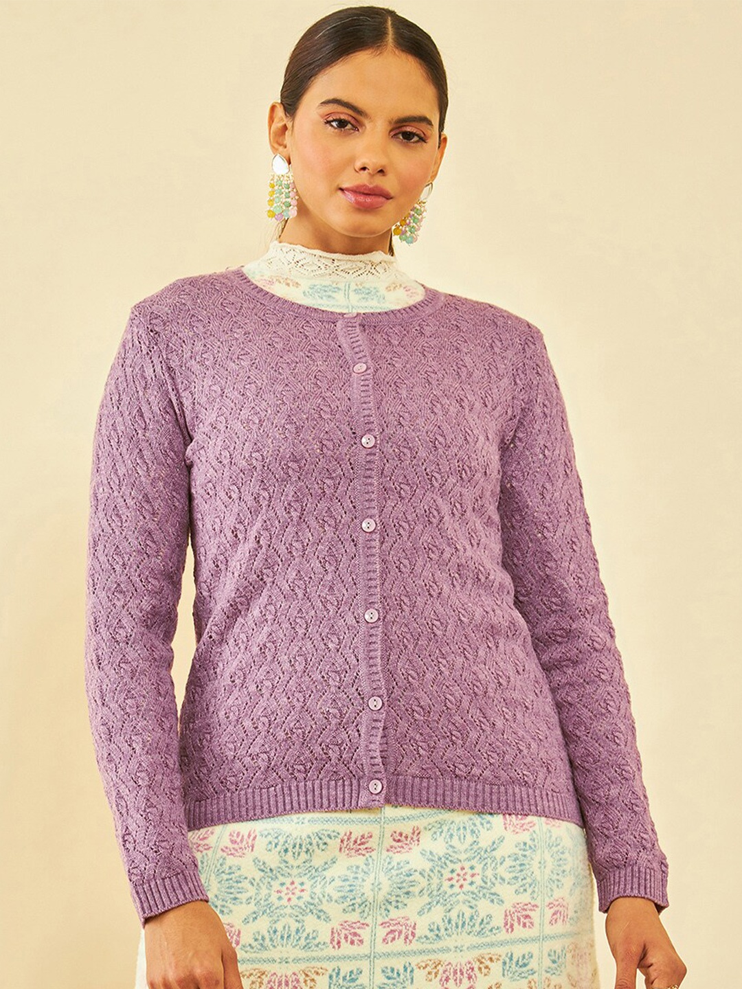 

Soch Self Design Cable Knit Round Neck Acrylic Cardigan Sweater, Purple