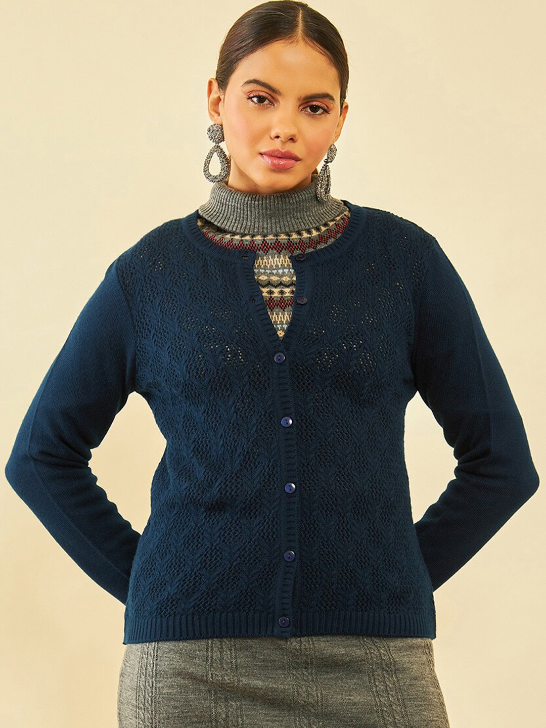 

Soch Self Design Round Neck Cardigan, Blue