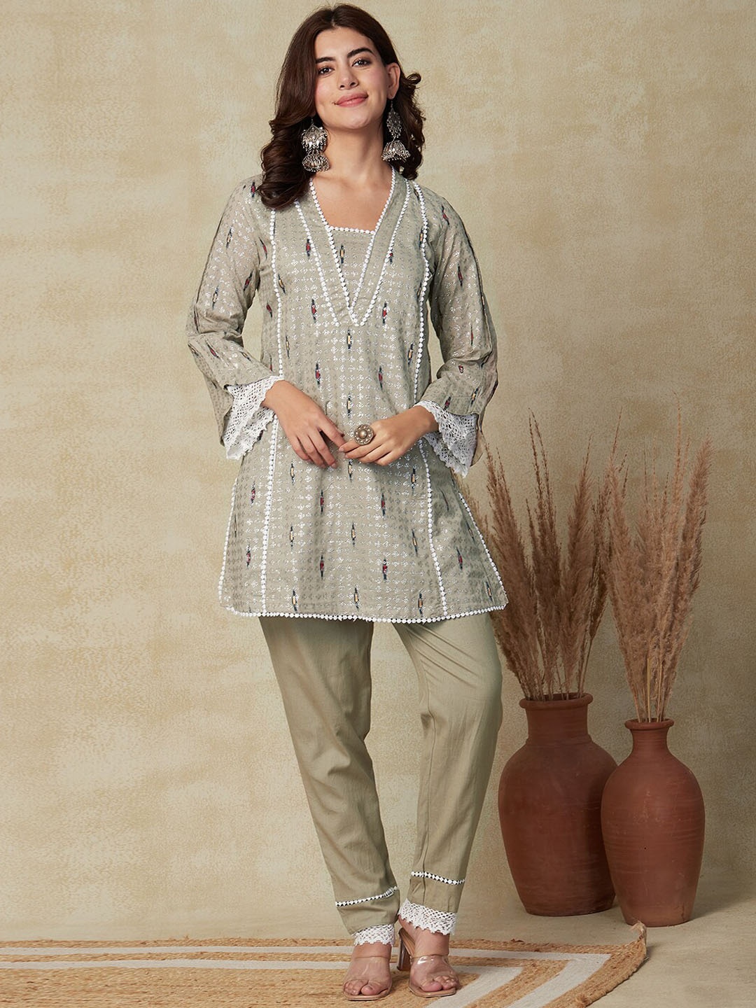 

FASHOR Ethnic Motifs Printed Flared Sleeves Jacquard Pure Cotton Kurti With Trousers, Taupe