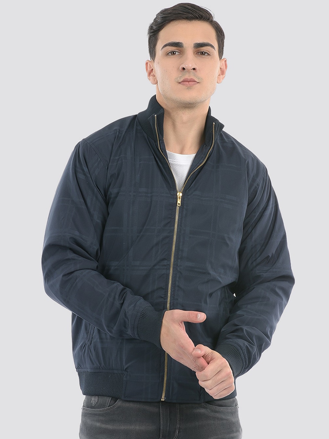 

LONDON FOG Checked Stand Collar Long Sleeve Zip Detail Bomber Jacket, Blue