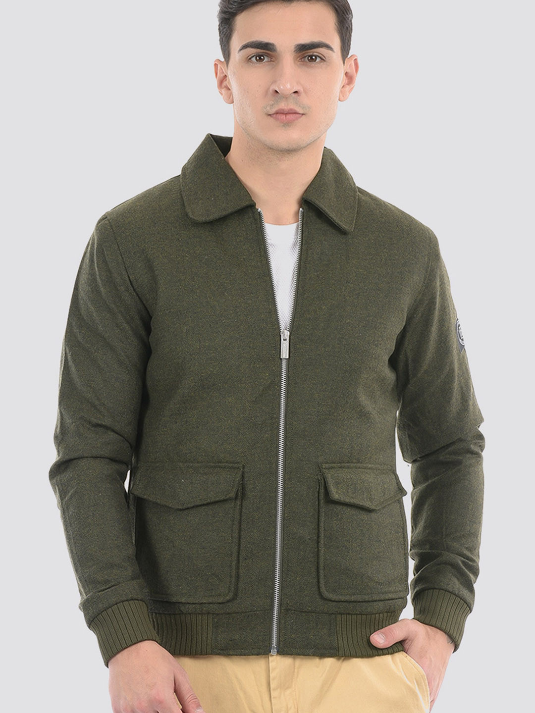 

LONDON FOG Spread Collar Long Sleeve Zip Detail Bomber Jacket, Green