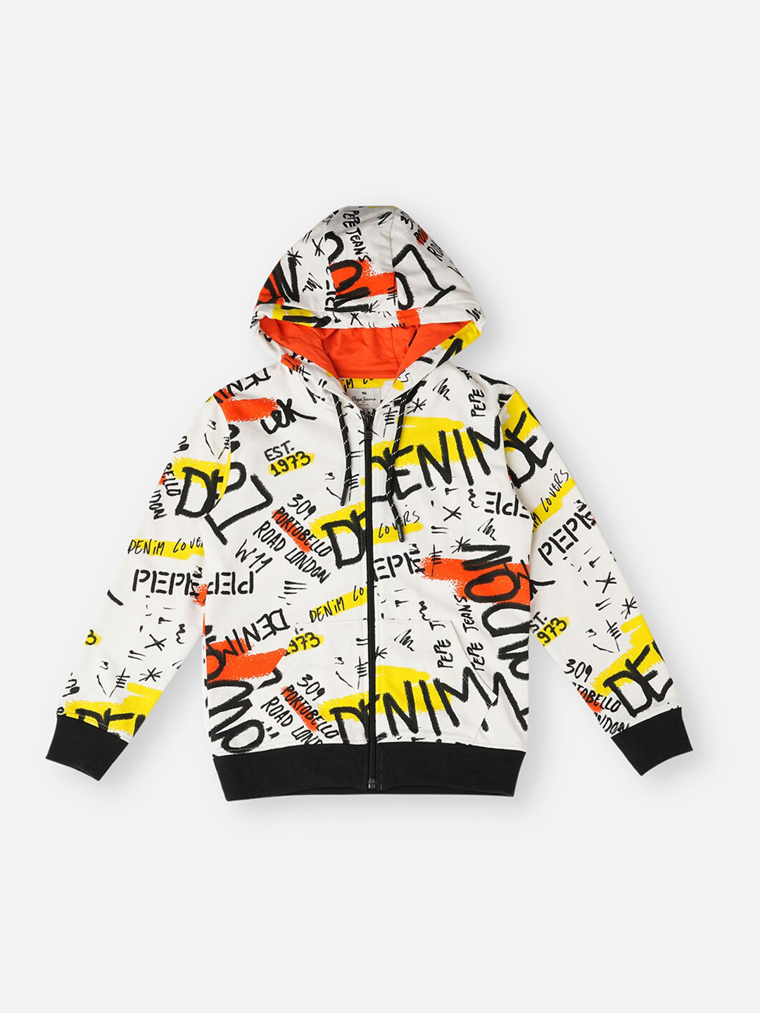 

Pepe Jeans Boys Typography Printed Hooded Pure Cotton Front-Open Sweatshirt, White