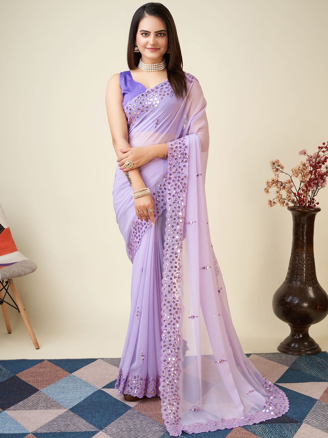 

VAIRAGEE Embellished Sequinned Party Saree, Lavender