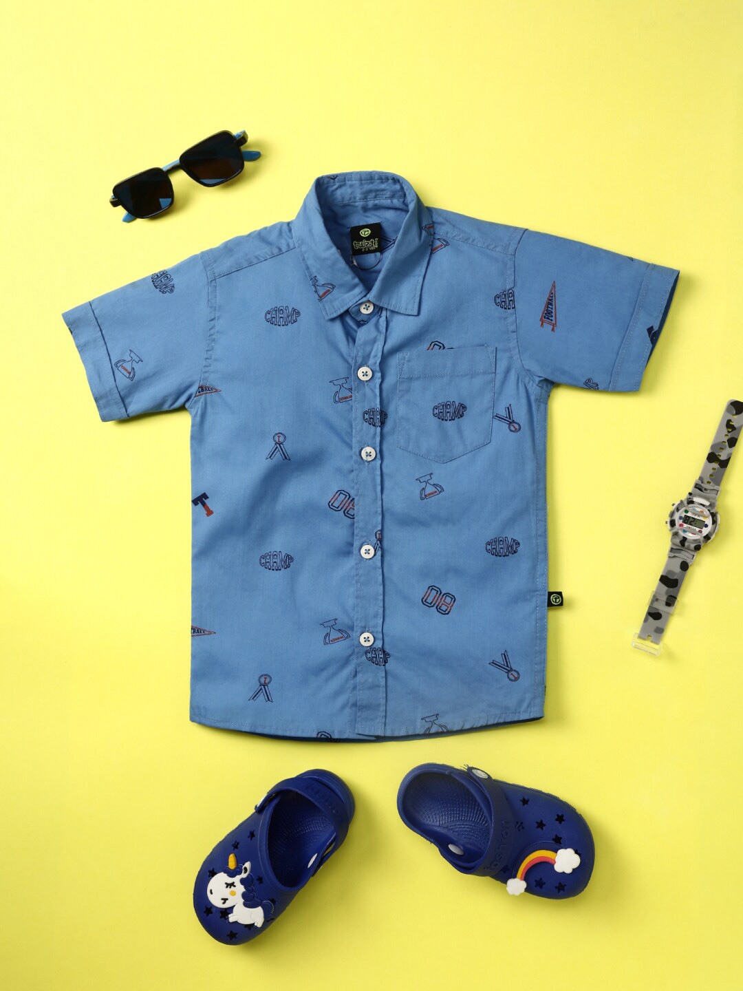 

V-Mart Boys Conversational Printed Spread Collar Cotton Casual Shirt, Blue