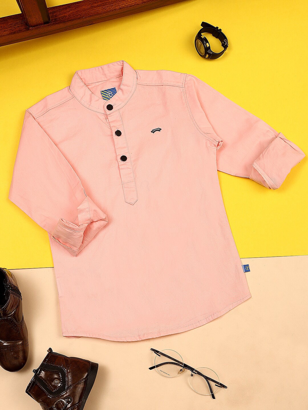 

V-Mart Boys Band Collar Cotton Linen Casual Shirt, Peach