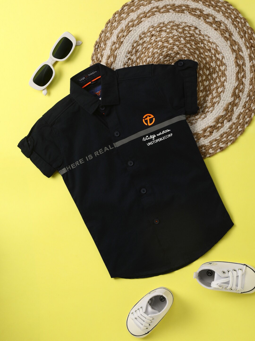 

V-Mart Boys Typography Printed Spread Collar Cotton Linen Casual Shirt, Navy blue
