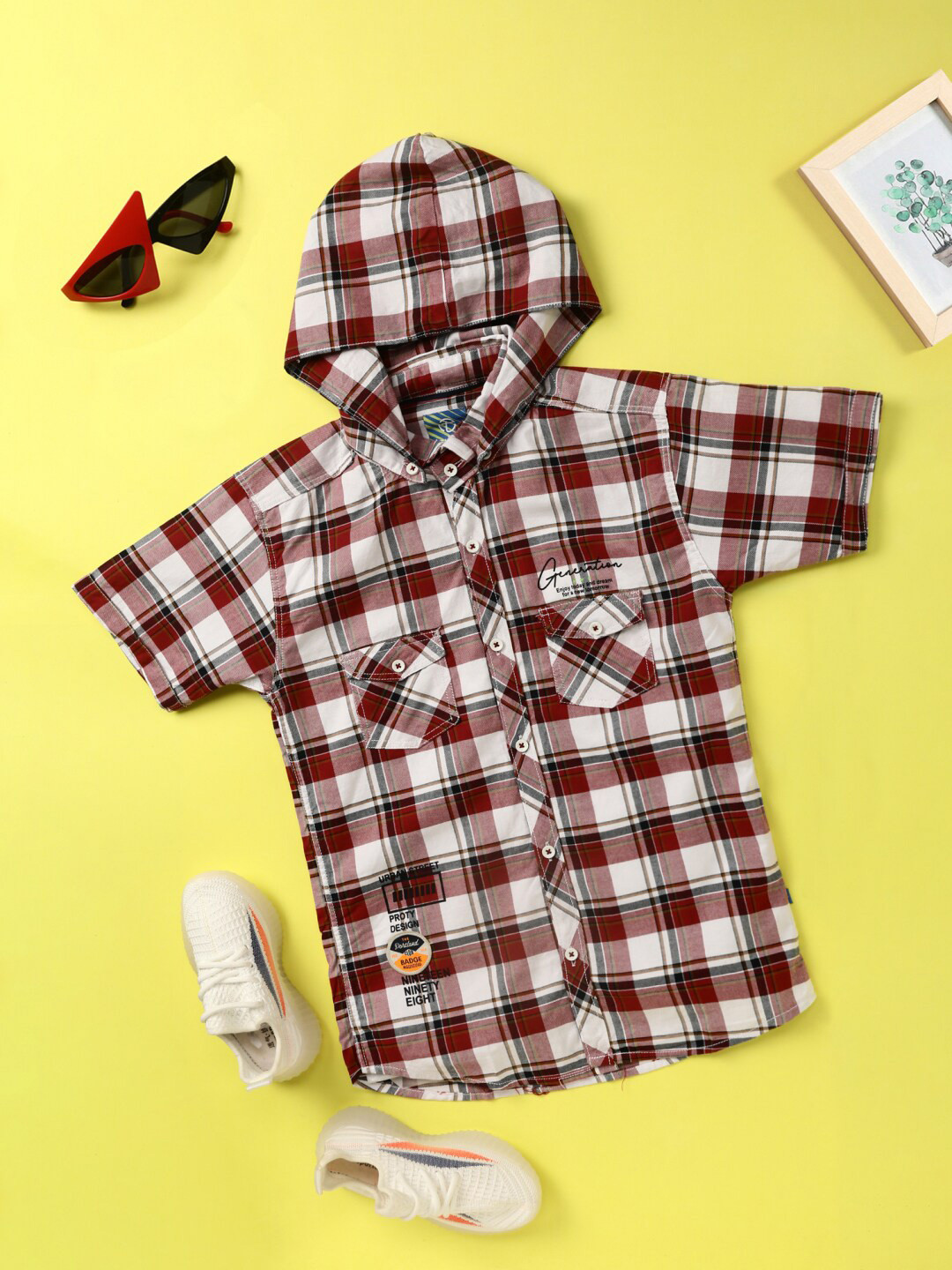 

V-Mart Boys Tartan Checks Hooded Cotton Linen Casual Shirt, Red