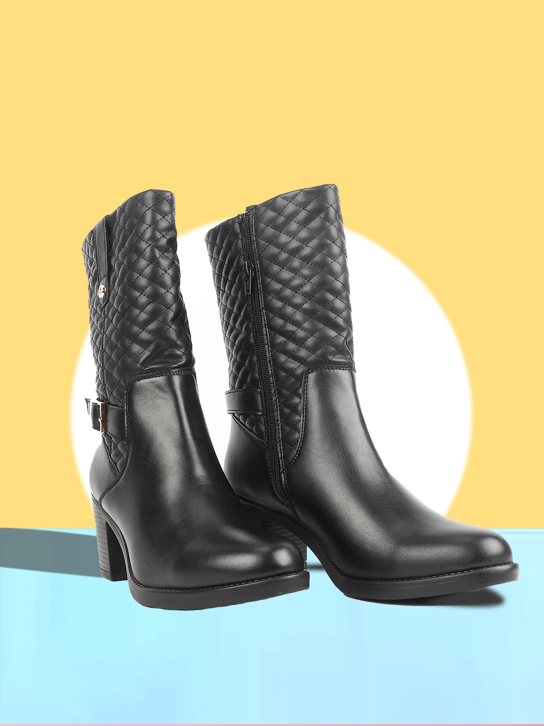 

Carlton London Women Quilted Heeled High-Top Chunky Boots, Black