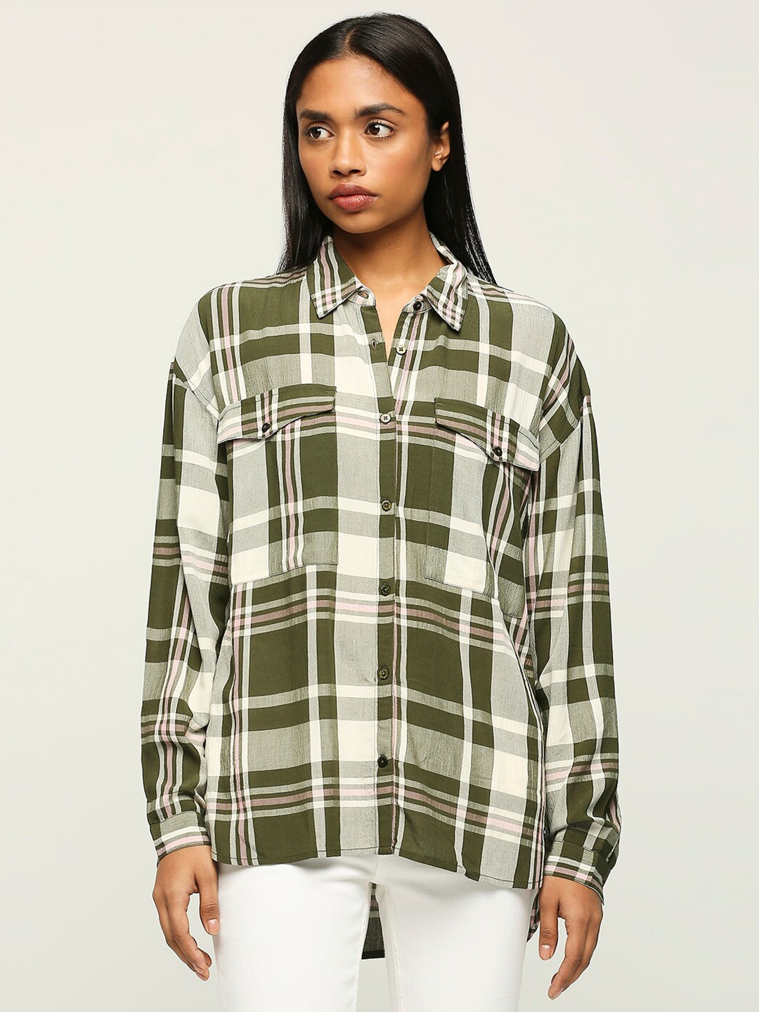 

Pepe Jeans Spread Collar Checked Oversized Casual Shirt, Green