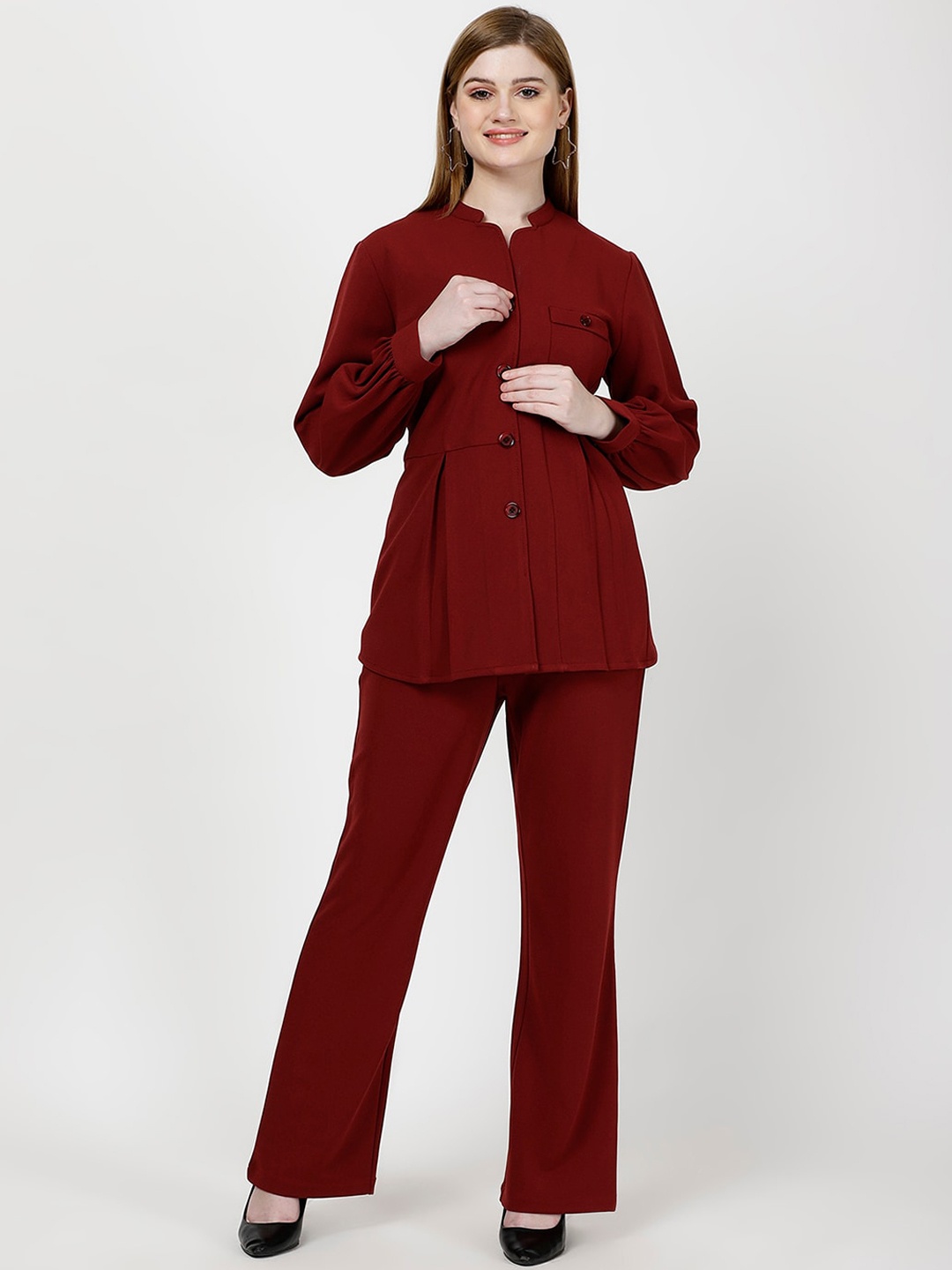 

FUTURO Mandarin Collar Gathered Shirt With Trousers, Maroon