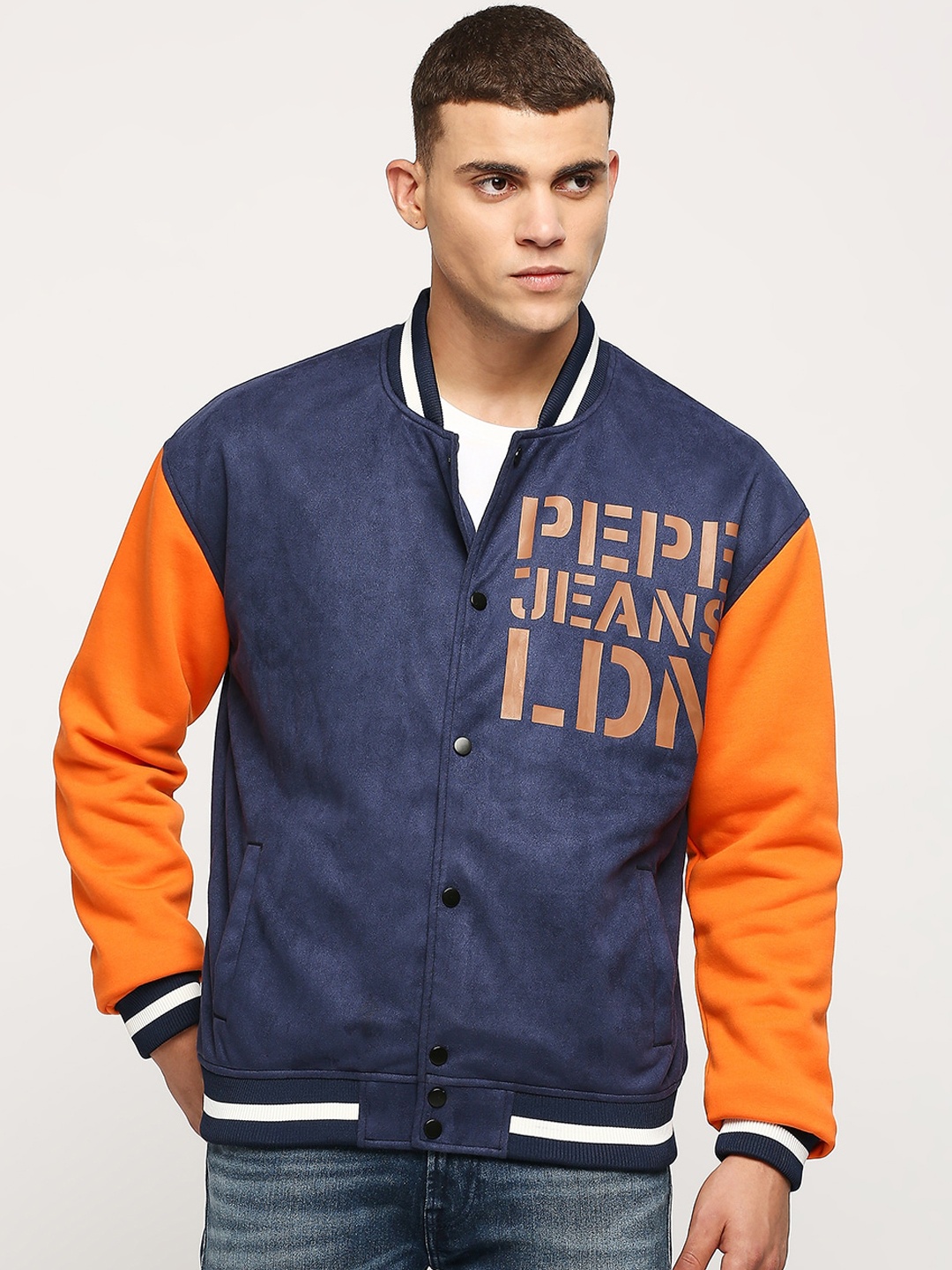 

Pepe Jeans Typography Printed Stand Collar Bomber Jacket, Blue