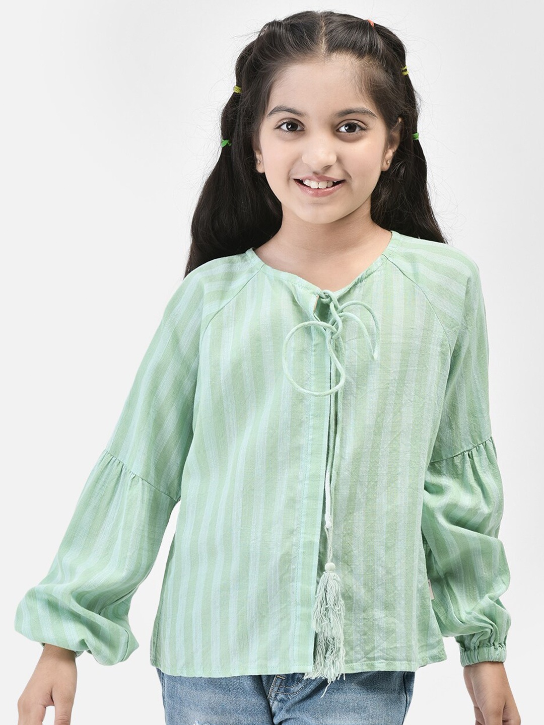 

Crimsoune Club Girls Vertical Striped Tie Up Neck Puff Sleeve Regular Top, Green