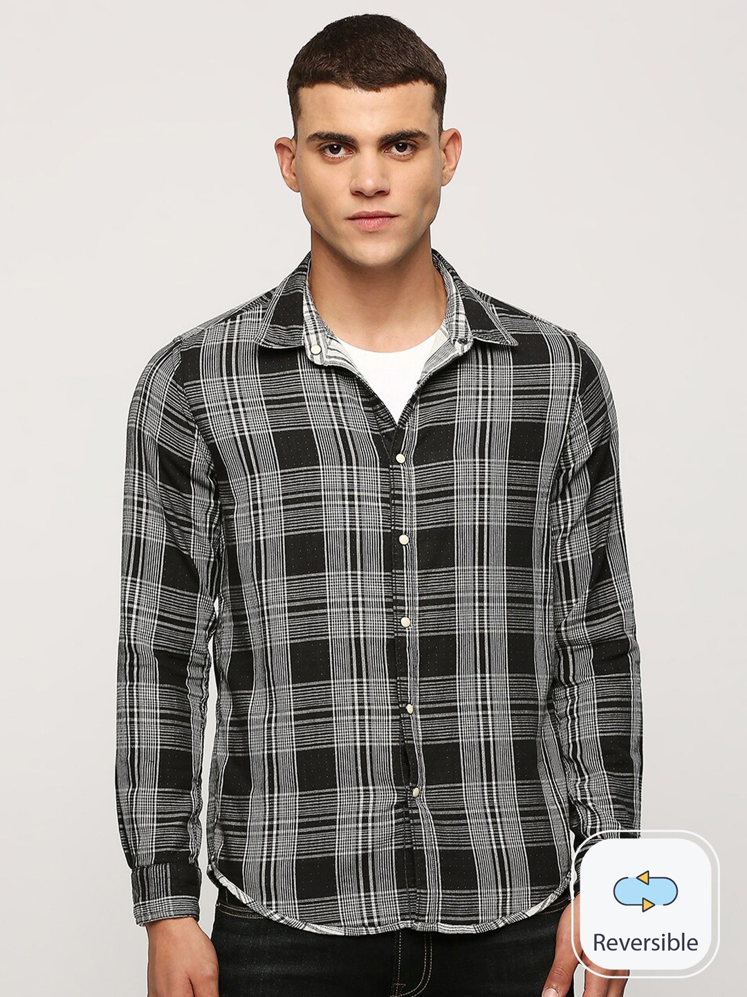 

Pepe Jeans Spread Collar Tartan Checked Reversible Casual Shirt, Black