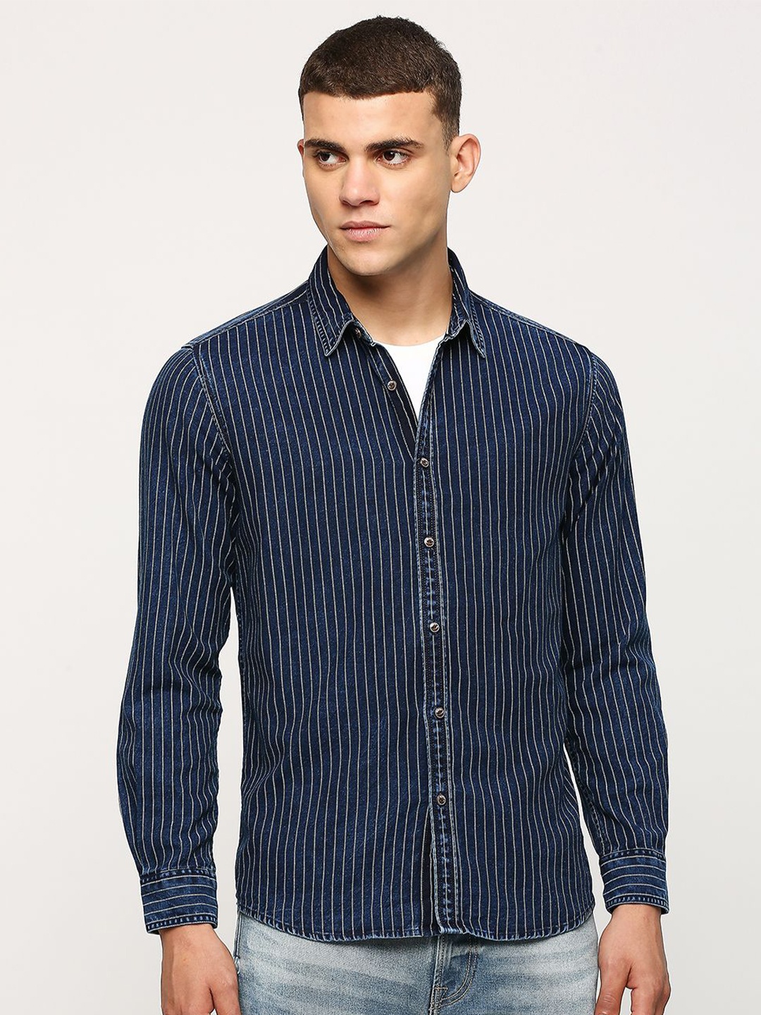 

Pepe Jeans Men Blue Horizontal Stripes Opaque Printed Casual Shirt