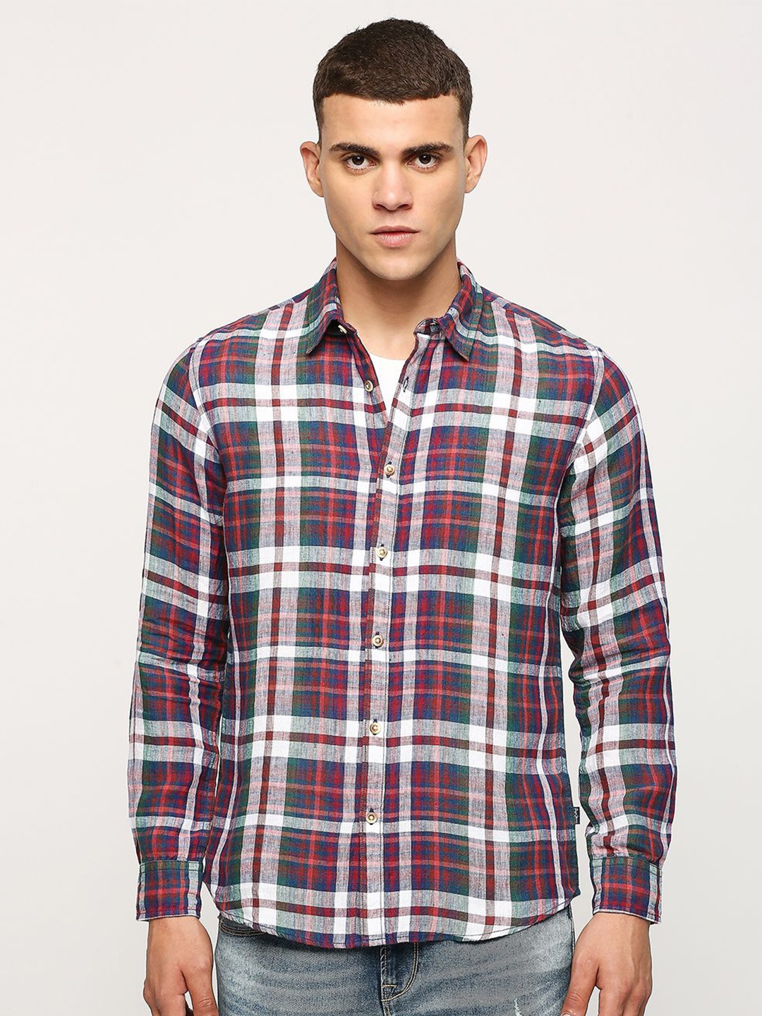 

Pepe Jeans Spread Collar Checked Casual Linen Shirt, Blue