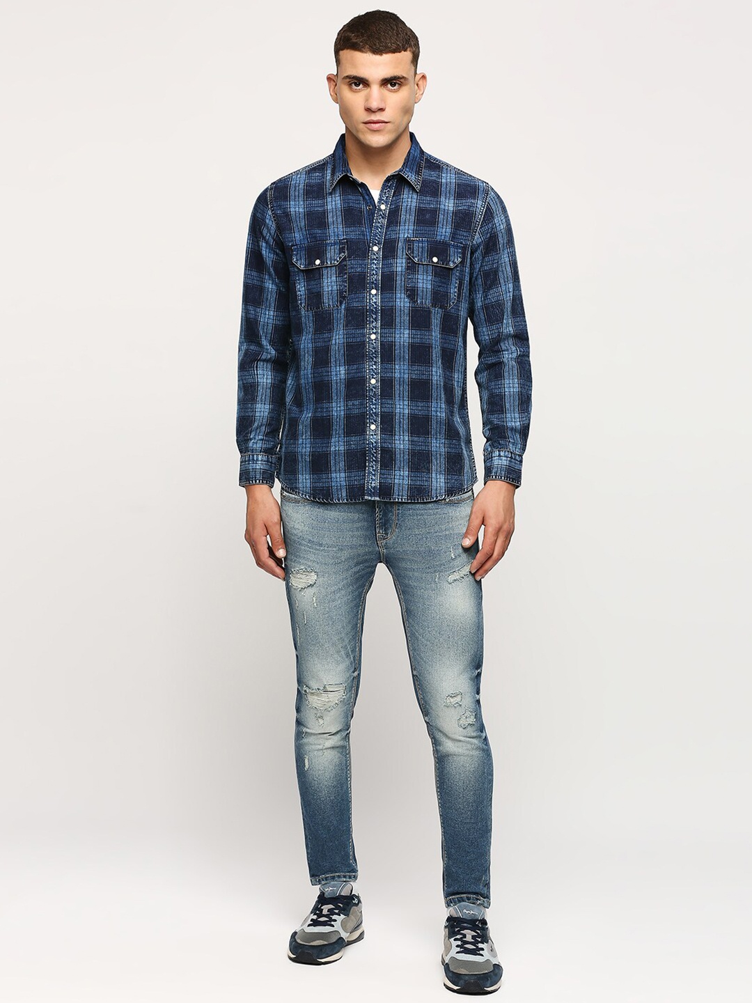 

Pepe Jeans Spread Collar Checked Casual Pure Cotton Shirt, Blue