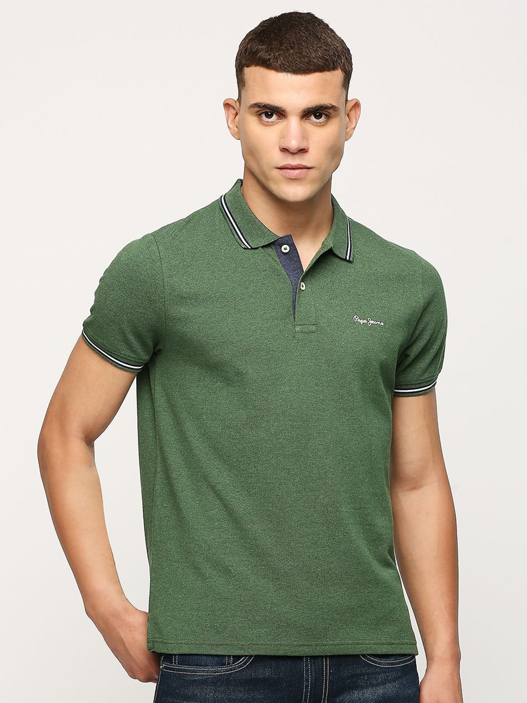 

Pepe Jeans Men Green Polo Collar Pure Cotton Pockets T-shirt