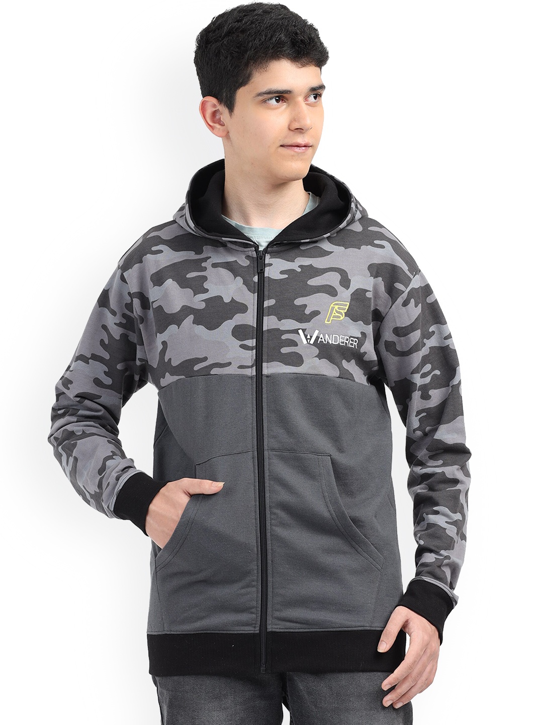 

F&S Boys Camouflage Printed Hooded Cotton Bomber Jacket, Grey