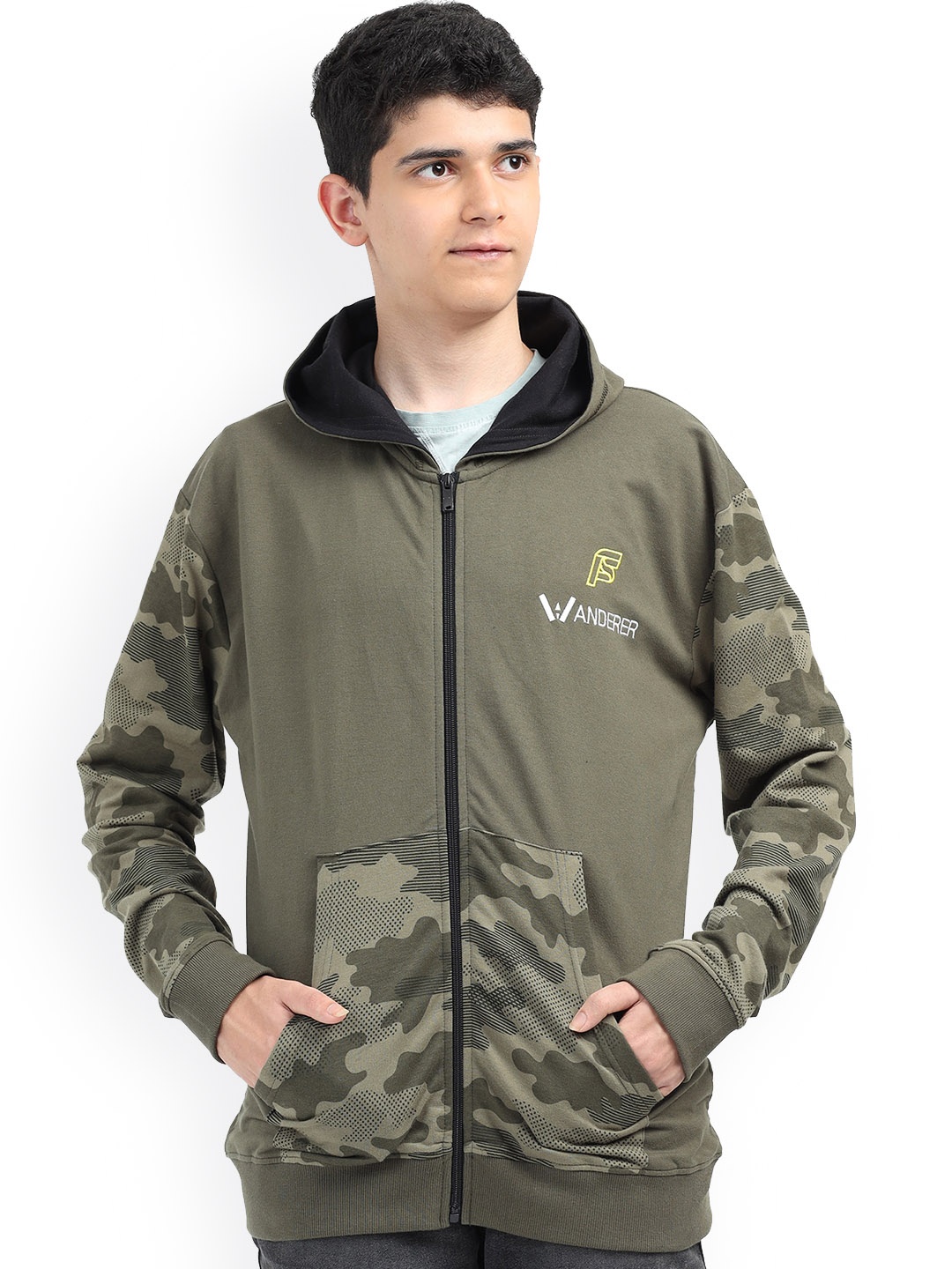 

F&S Boys Camouflage Printed Hooded Cotton Bomber Jacket, Green