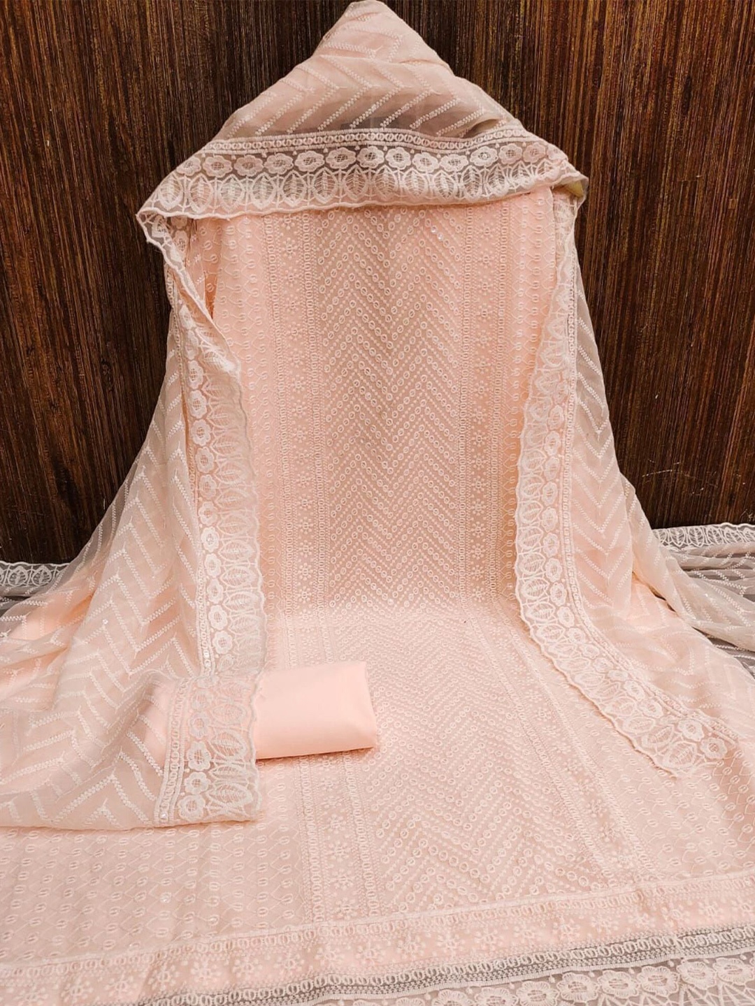 

KALINI Ethnic Motifs Embroidered Sequinned Unstitched Dress Material, Peach