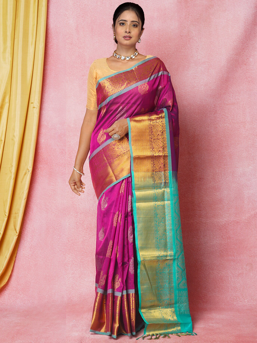 

Unnati Silks Ethnic Motifs Woven Design Zari Handloom Kanjeevaram Saree, Red