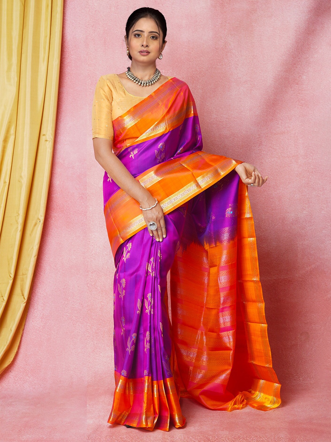 

Unnati Silks Violet & Orange Woven Design Zari Silk Blend Handloom Kanjeevaram Saree