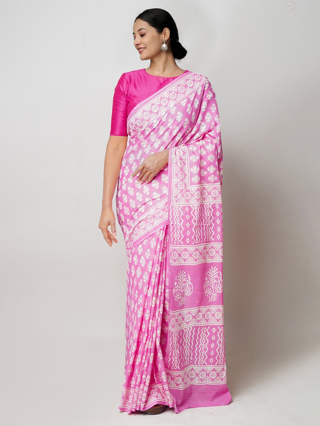 

Unnati Silks Ethnic Motifs Printed Pure Cotton Block Print Saree, Pink