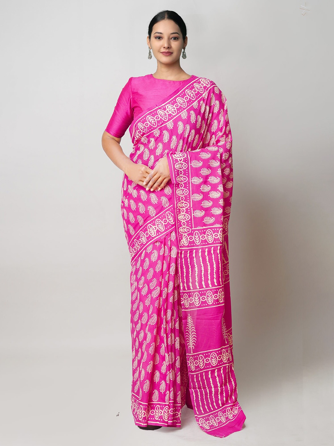 

Unnati Silks Ethnic Motifs Printed Pure Cotton Block Print Saree, Pink