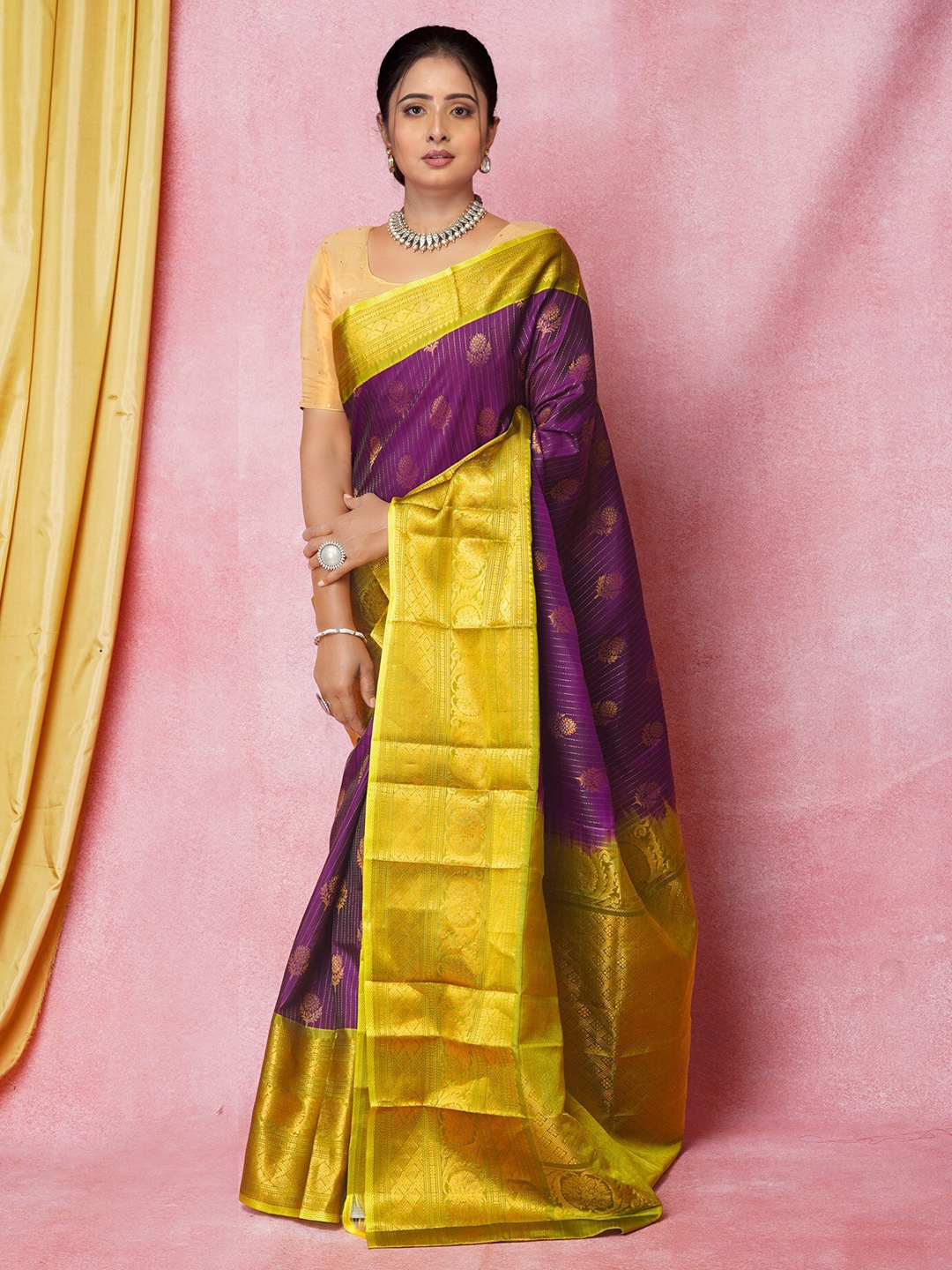 

Unnati Silks Violet & Yellow Woven Design Zari Silk Blend Handloom Kanjeevaram Saree