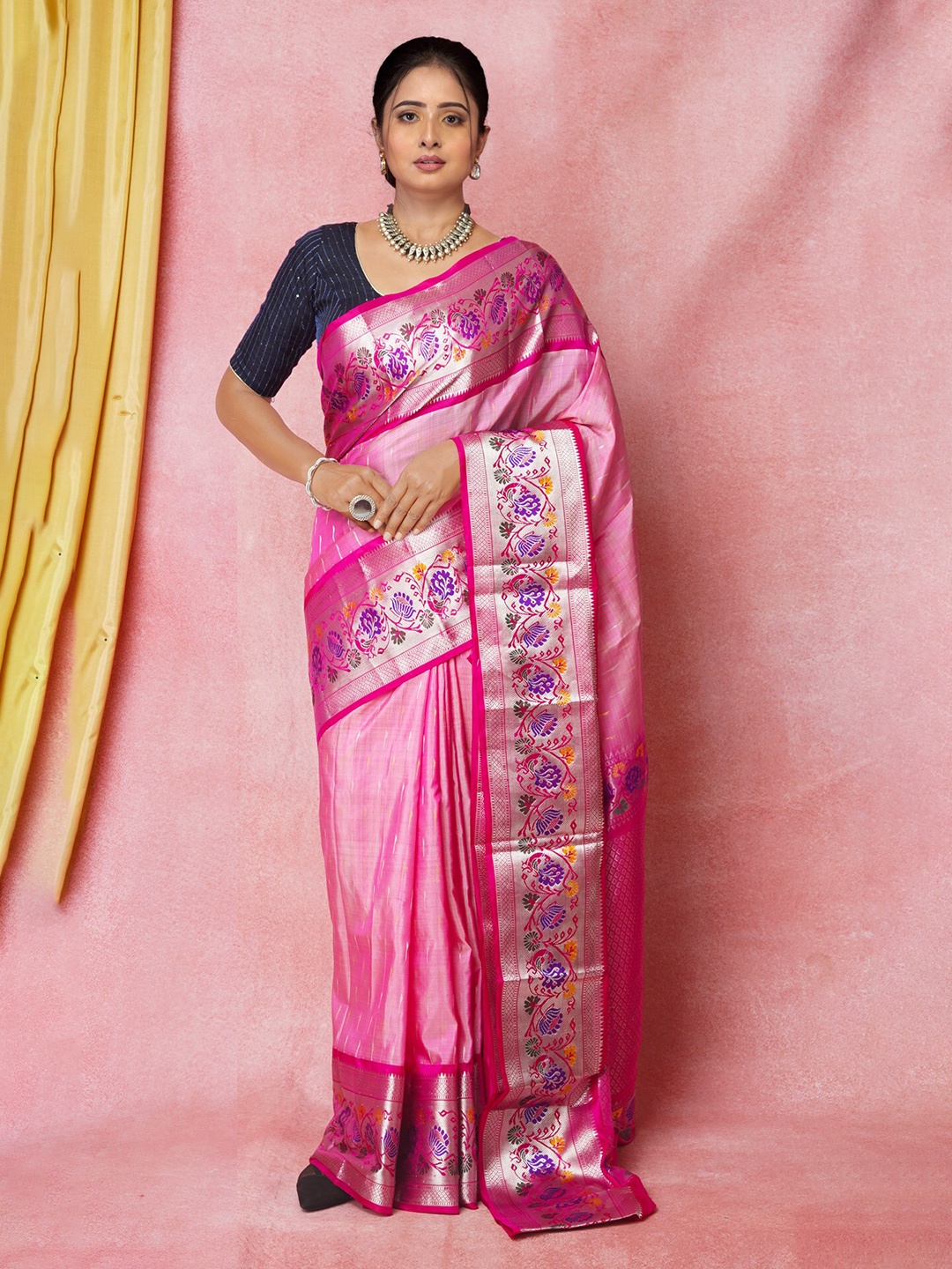 

Unnati Silks Ethnic Motifs Woven Design Zari Handloom Kanjeevaram Saree, Pink