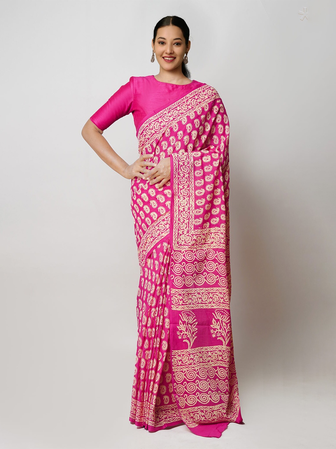 

Unnati Silks Ethnic Motifs Pure Cotton Handloom Block Print Saree, Pink