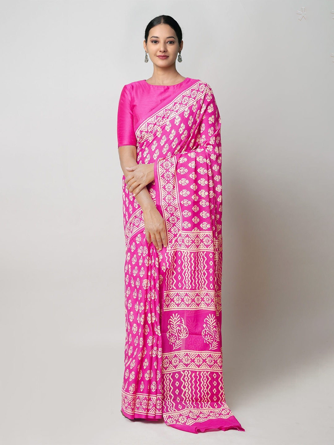 

Unnati Silks Ethnic Motifs Pure Cotton Handloom Block Print Saree, Pink