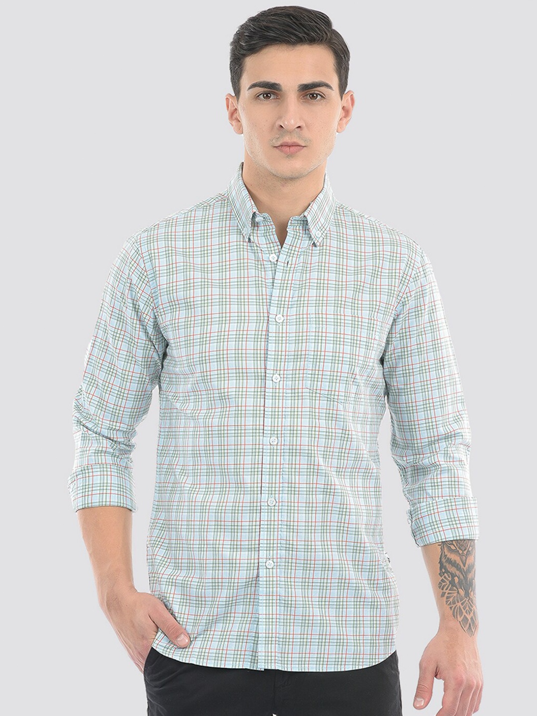 

LONDON FOG Tartan Checks Button-Down Collar Long Sleeves Cotton Casual Shirt, Blue