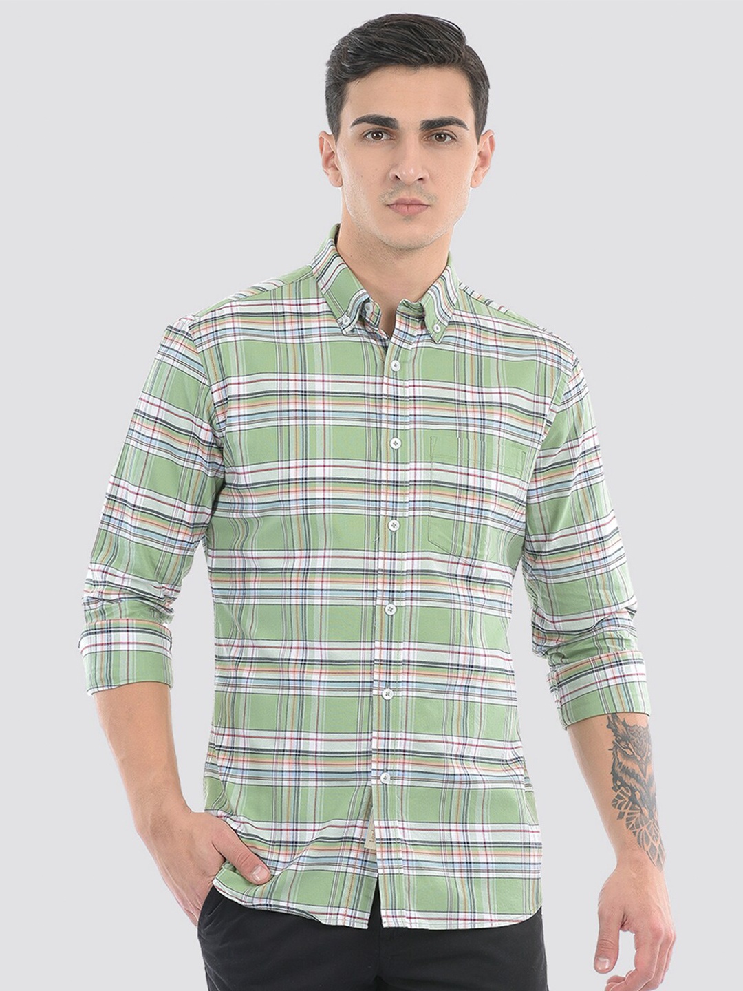 

LONDON FOG Tartan Checks Button-Down Collar Long Sleeves Cotton Casual Shirt, Green