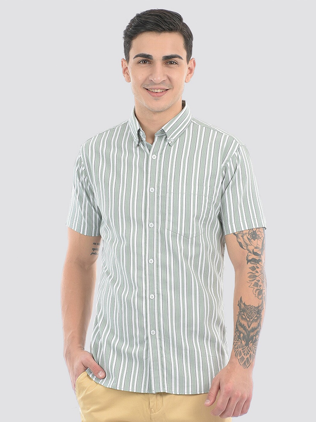 

LONDON FOG Striped Cotton Casual Shirt, Green
