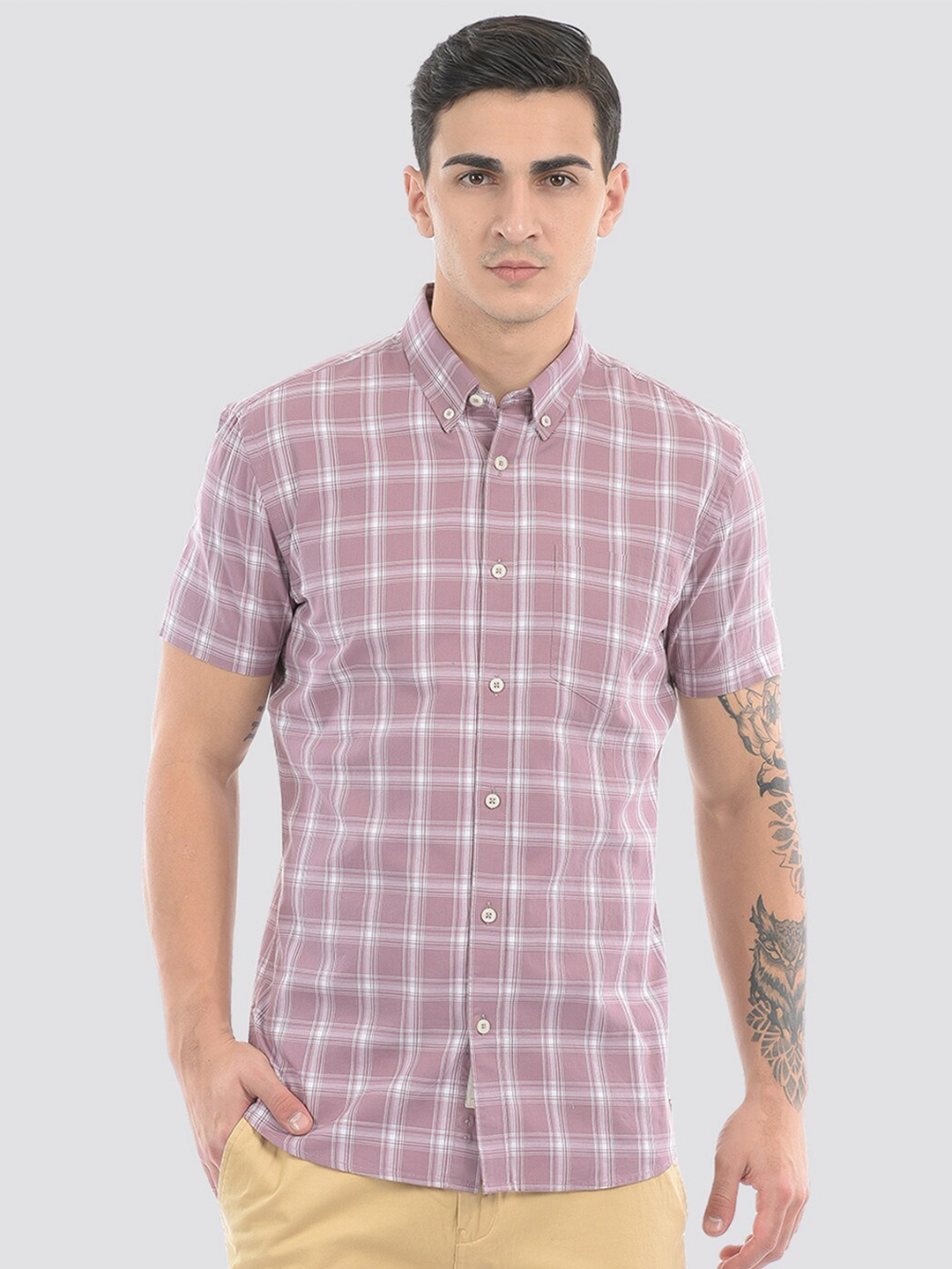 

LONDON FOG Windowpane Checks Cotton Casual Shirt, Mauve