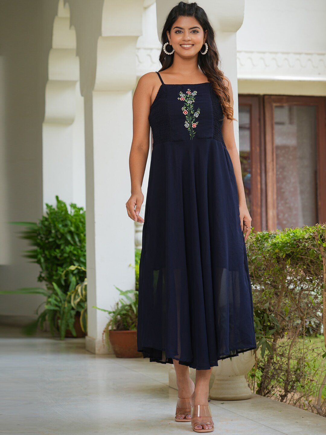 

YASH GALLERY Floral Embroidered Sleeveless Maxi Dress, Navy blue