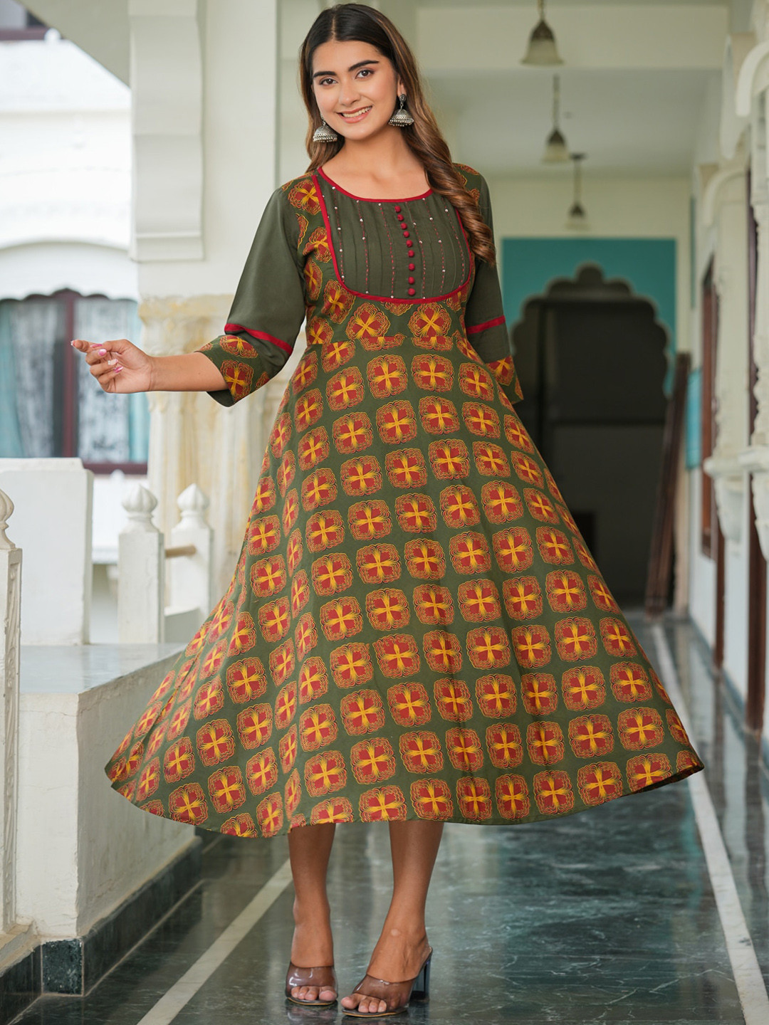 

YASH GALLERY Ethnic Motifs Printed Sequinned Cotton Fit & Flare Midi Ethnic Dress, Green