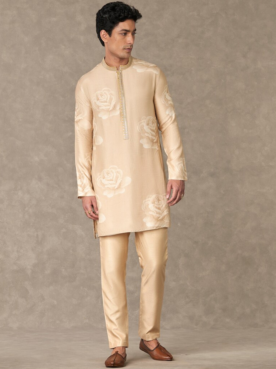 Masaba Floral Printed Raw Silk Gulaab Kurta, Beige