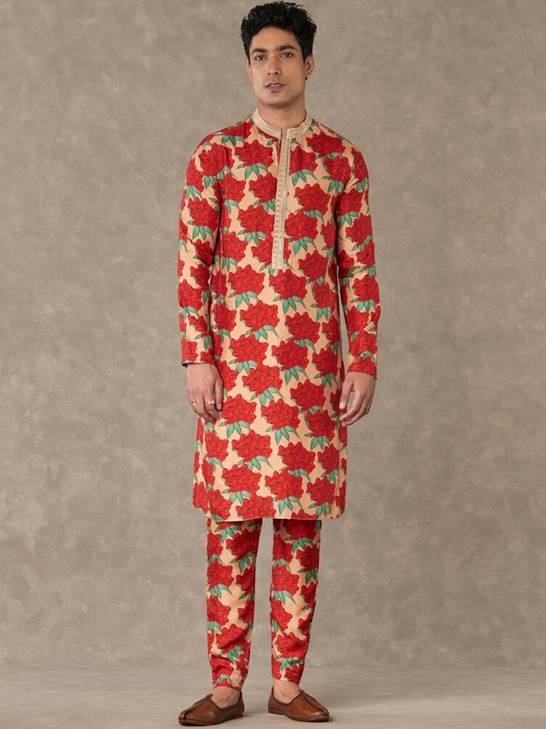 Masaba Floral Printed Raw Silk Mandarin Collar Swirl Kurta, Red